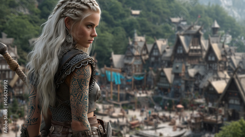 Viking Woman in Armor Overlooking Medieval Village