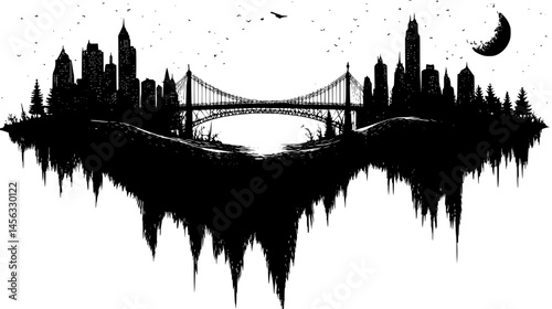 Floating Island With Connected Bridges, vector illustration art