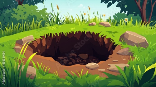 A dark hole in a grassy field, surrounded by rocks and lush green vegetation.