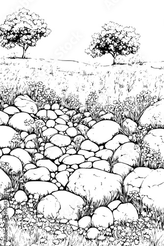 Foreign Rocks In Dry Field, coloring book style, vector illustration art