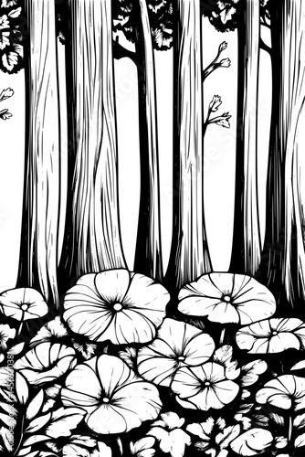Forest Floor Hidden By Haze, coloring book style, vector illustration art