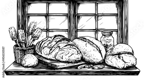 Freshly Baked Bread On Windowsill, vector illustration art