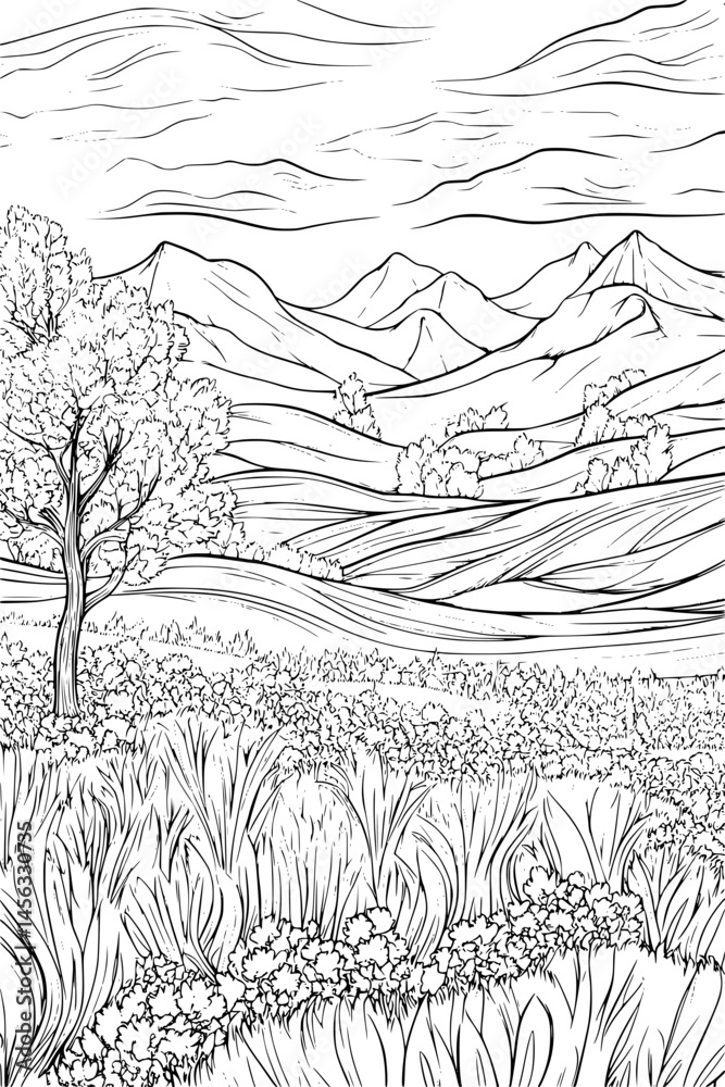 Fototapeta premium Gentle Slopes With Scattered Trees, coloring book style, vector illustration art
