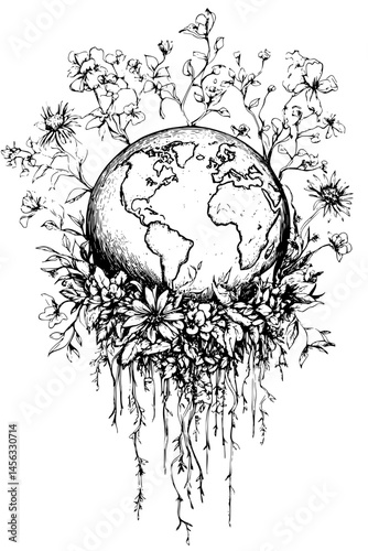 Gardens Thriving On Suspended Earth, coloring book style, vector illustration art