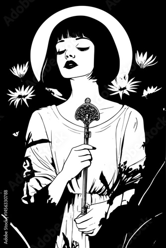 Goth Girl Holding Ancient Key, coloring book style, vector illustration art