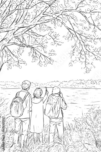 Group Standing Near Scenic Lookout, coloring book style, vector illustration art