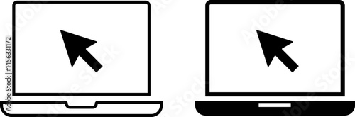 laptop with pointer icon set. Responsive web design with play icon symbol. Digital device sign
