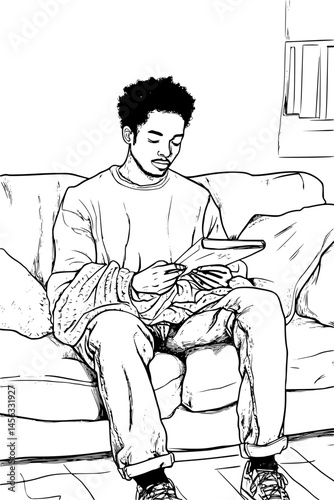 Knitter Watching Yarn Unravel Slowly, coloring book style, vector illustration art