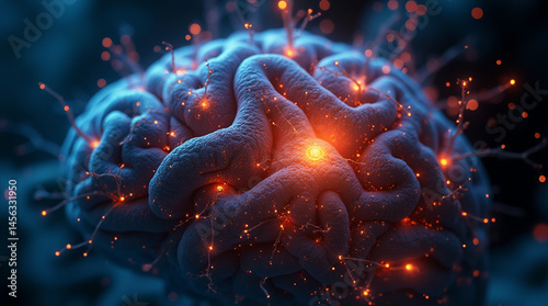Neural network activation inside a brain, orange glowing synapses, microscopic neuron connections, sci-fi digital art, close-up, microphotography