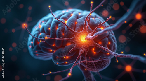 Neural network activation inside a brain, orange glowing synapses, microscopic neuron connections, sci-fi digital art, close-up, microphotography