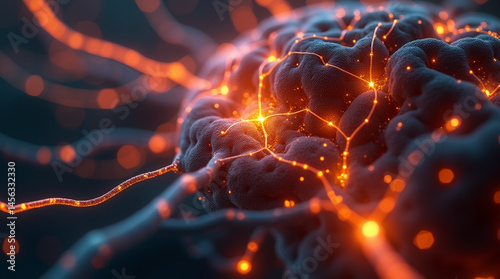 Neural network activation inside a brain, orange glowing synapses, microscopic neuron connections, sci-fi digital art, close-up, microphotography