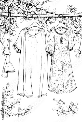 Linen Garments Hanging From Clothesline, coloring book style, vector illustration art