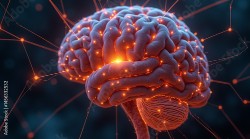 Neural network activation inside a brain, orange glowing synapses, microscopic neuron connections, sci-fi digital art, close-up, microphotography