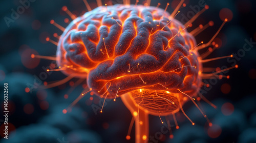 Neural network activation inside a brain, orange glowing synapses, microscopic neuron connections, sci-fi digital art, close-up, microphotography