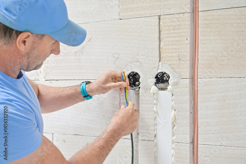 Obraz na płótnie An electrician is shown connecting wires to a wall power socket, emphasizing the importance of safety and proper wiring techniques in electrical installations w salonie
