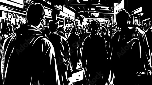 Mirror Reflecting Crowded Market Scene, vector illustration art
