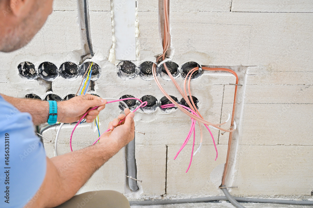 A close-up view of colorful wiring connections being handled by an electrician, showcasing the complexity and intricacies involved in modern electrical installations