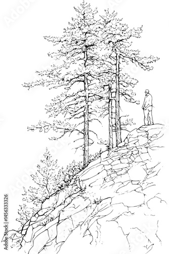 Mountaineer Traversing Narrow Ridge Path, coloring book style, vector illustration art