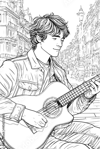 Musician Playing In Busy Public Area, coloring book style, vector illustration art