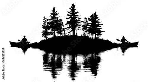 Paddlers Approaching Small Forested Island, vector illustration art