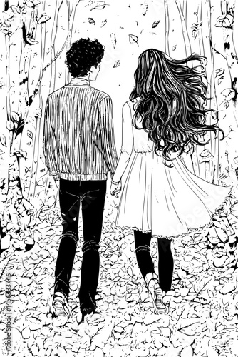 Pair Walking Into Wooded Area, coloring book style, vector illustration art