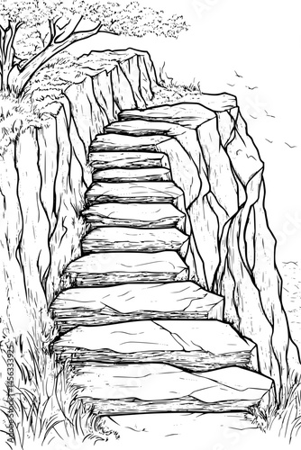 Paths Leading To Cliff Ledge, coloring book style, vector illustration art