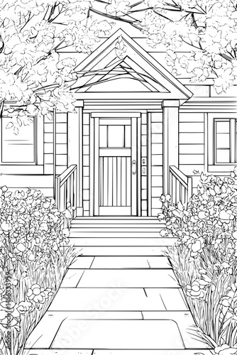 Pathway Leading To Front Door, coloring book style, vector illustration art