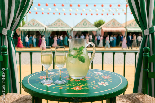 Refreshing pitcher of rebujito with two glasses on a traditional green table inside a caseta at the Seville April Fair, with festive background.