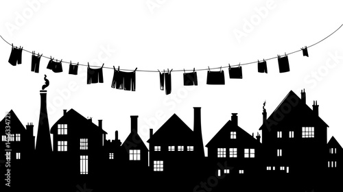 Rooftops With Clotheslines And Chimneys, vector illustration art