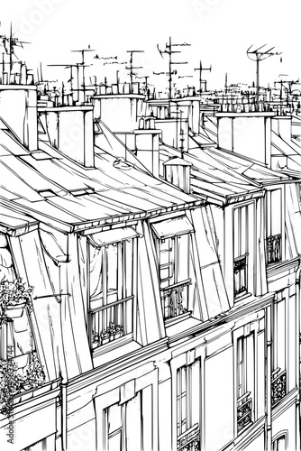 Rooftops With Clotheslines And Chimneys, coloring book style, vector illustration art