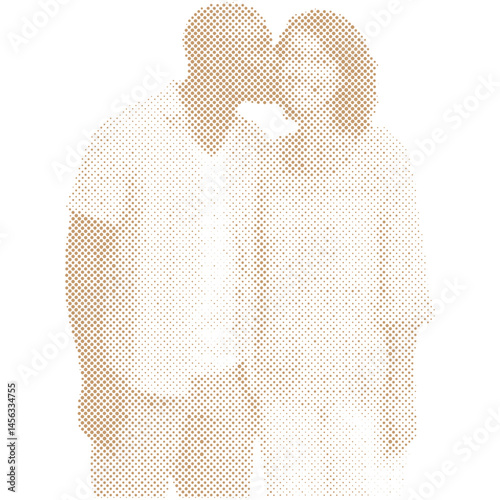 A couple in love standing kissing at each other with halftone retro modern