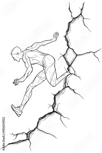 Runner Leaping Over Sidewalk Crack, coloring book style, vector illustration art