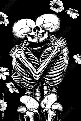 Skeletal Couple Locked In Eternal Embrace, coloring book style, vector illustration art