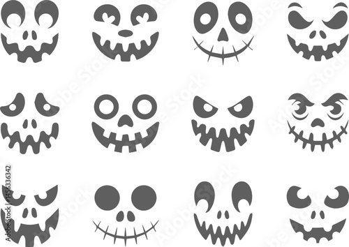 Halloween pumpkin carving stencils with spooky and funny face expressions illustration