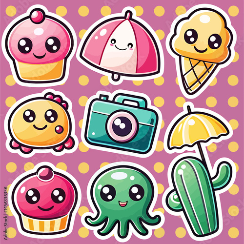 A Colorful, Playful, and Whimsical Illustration Featuring Cute Summer Icons
