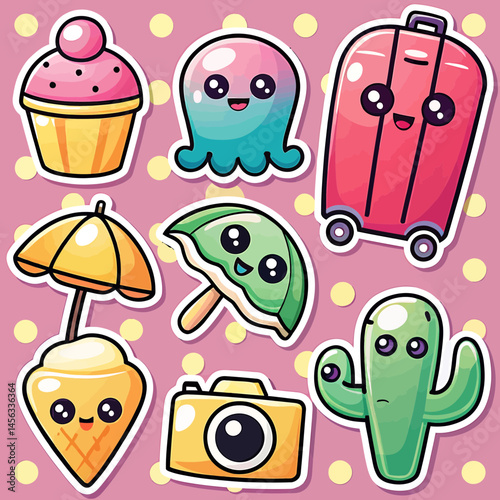 Whimsical Summer Vacation Stickers A Colorful and Playful Illustration