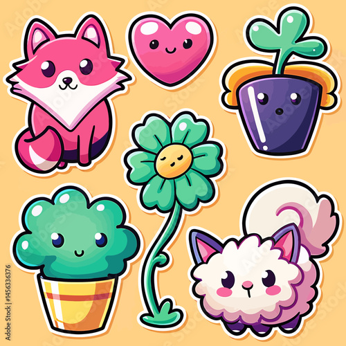 A Colorful Whimsical Illustration Featuring Various Cute Animals and Plants