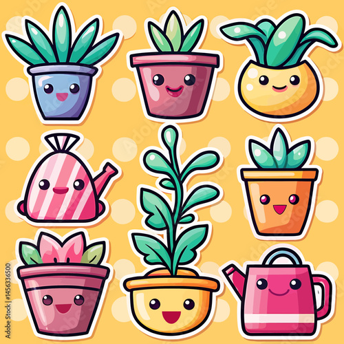 A Colorful Whimsical Illustration of Nine Cartoon Potted Plants