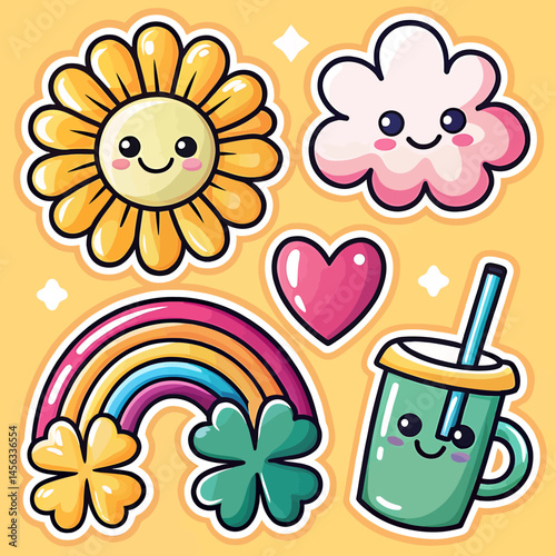 Cheerful Kawaii Cartoon Sun, Cloud, Rainbow, and Drink Digital Illustration