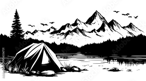 Tent Pitched Beside Mountain Lake View, vector illustration art