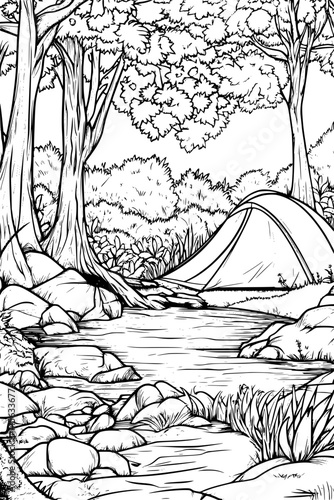 Tent Pitched Near Small Stream, coloring book style, vector illustration art
