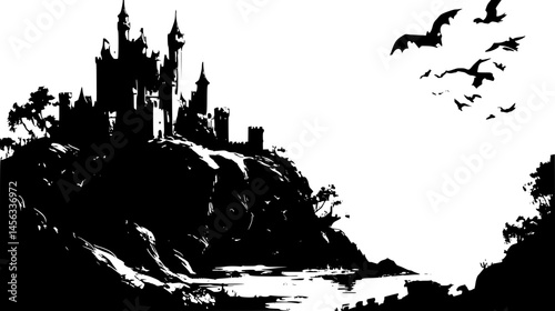 Towering Castle On Jagged Cliffside, vector illustration art