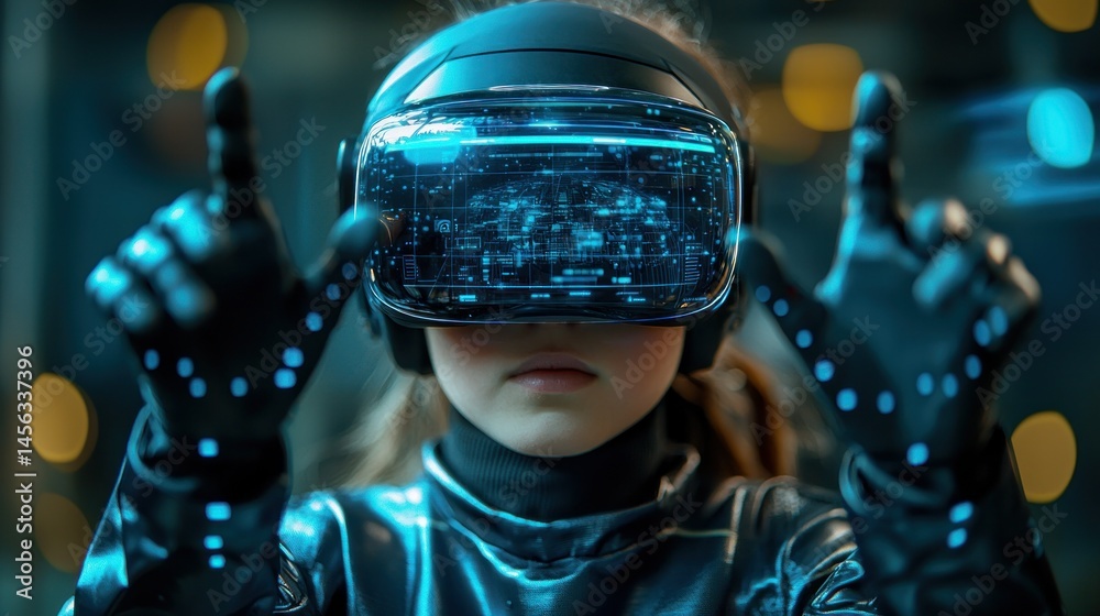 Child immerses in VR with glowing tech suit Child immerses in VR with glowing tech suit