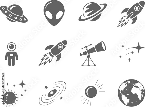 Space exploration icons set featuring planets rockets astronauts and spacecraft