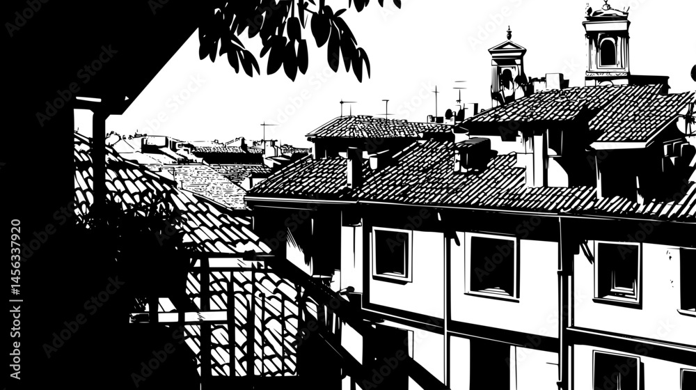 Naklejka premium Viewpoint Overlooking Tiled Rooftops, vector illustration art