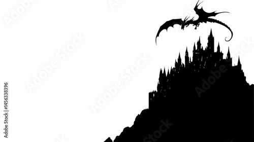 Winged Dragon Soaring Above Castle, vector illustration art