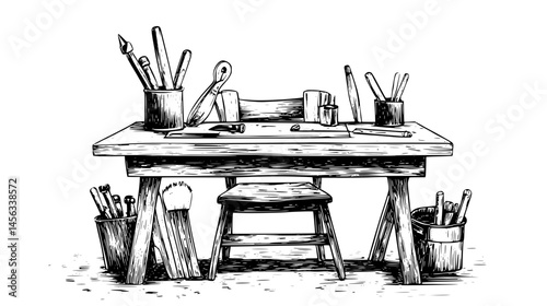 Woodworker Shaping Chair With Tools, vector illustration art