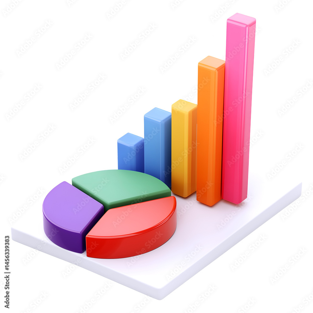 3D Render of Bar Graph and Pie Chart on Transparent Background