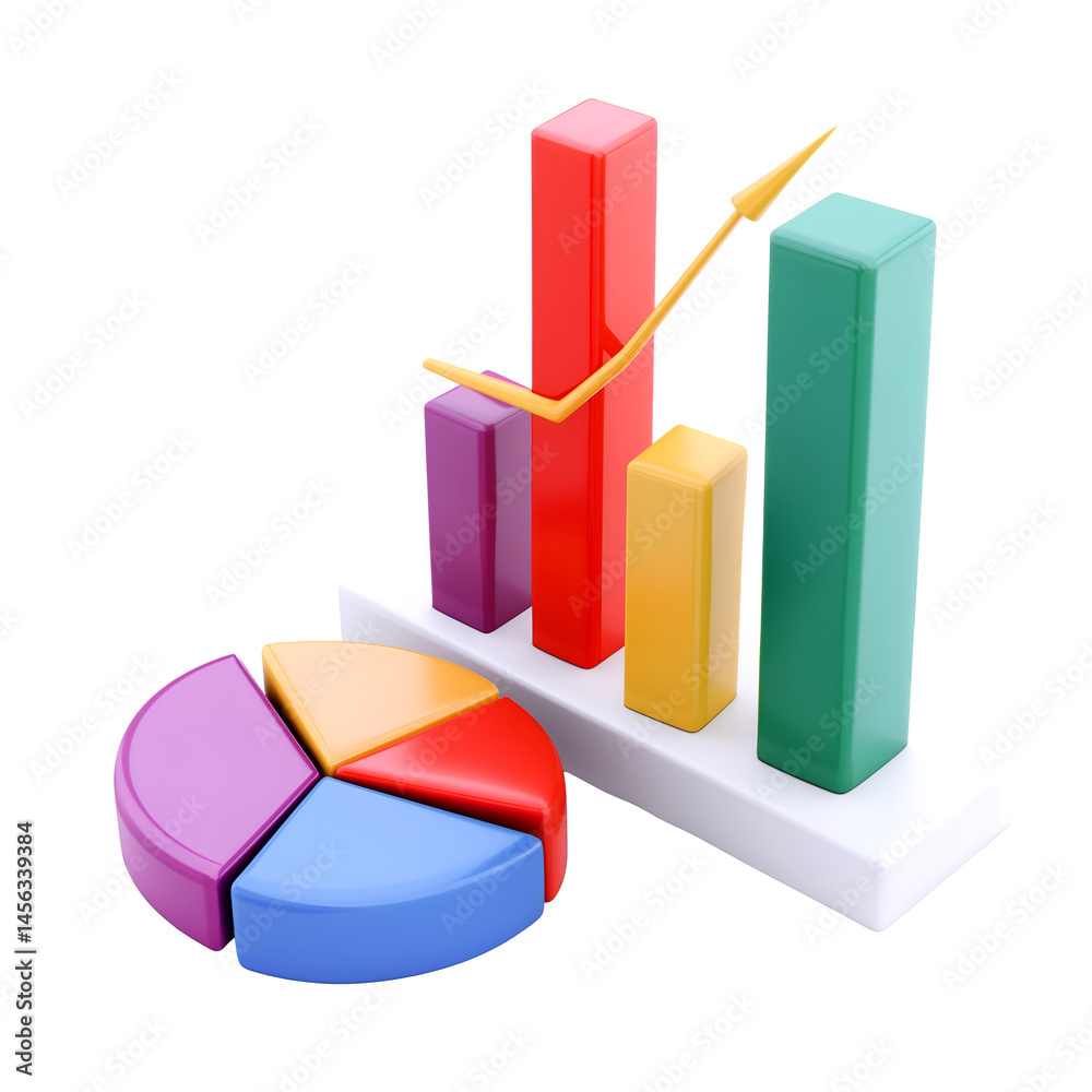 3D Render of Bar Graph and Pie Chart on Transparent Background