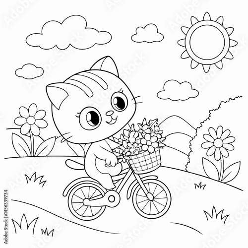 A Cat on a Bicycle Coloring Page Line Art	